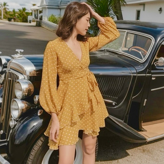 Đầm bi vàng cam tay dài tùng 2 tầng, váy vintage công chúa (kèm hình thật)