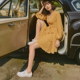 Đầm bi vàng cam tay dài tùng 2 tầng, váy vintage công chúa (kèm hình thật)