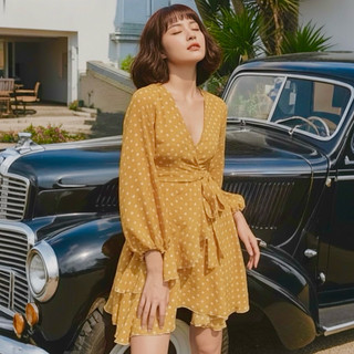 Đầm bi vàng cam tay dài tùng 2 tầng, váy vintage công chúa (kèm hình thật)