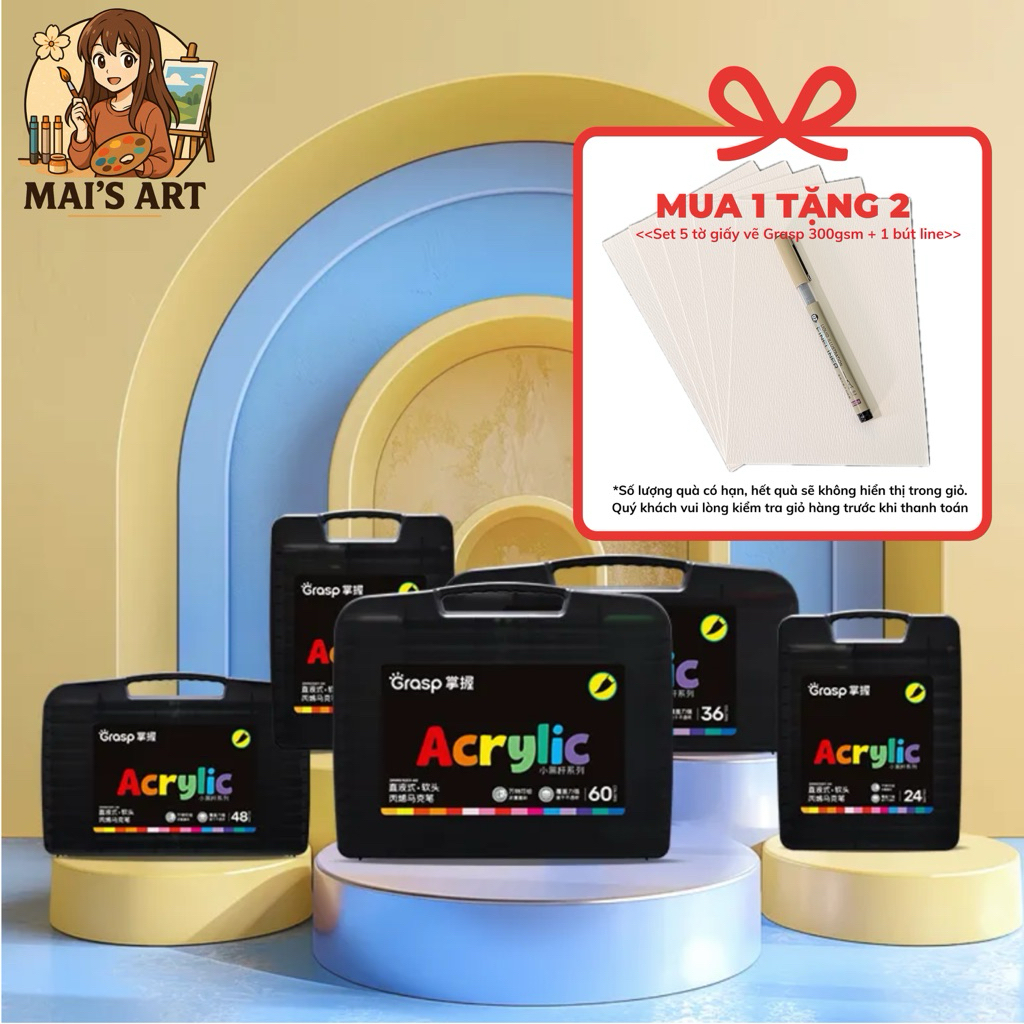 Bút Acrylic Marker Grasp 12/24/36/48/60 Màu – Ngòi Brush Nhọn Mềm Cao Cấp, Vẽ Mọi Chất Liệu, Không T