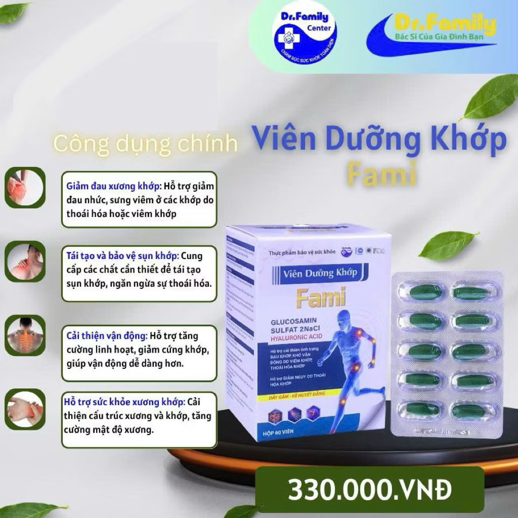 [HÀNG CHÍNH HÃNG]VIÊN DƯỠNG KHỚP FAMI GLUCOSAMINE SULFAT 2NACL HYALURONIC ACID GIÚP TÁI TẠO BẢO VỆ S