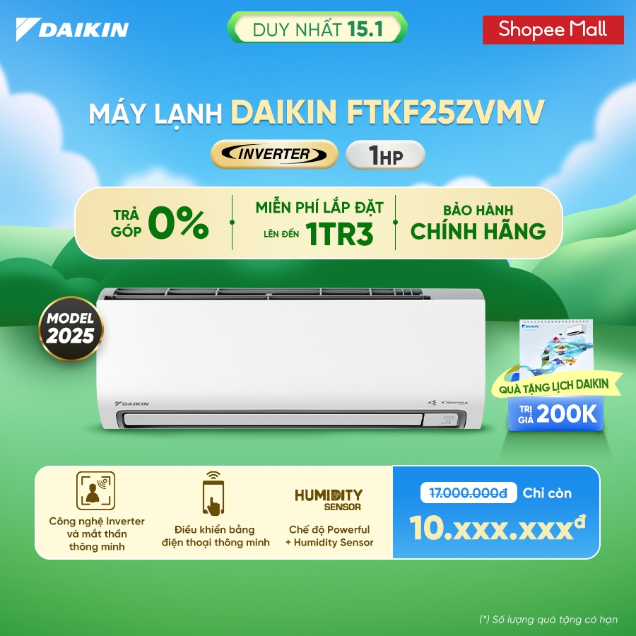 [MIỄN PHÍ LẮP ĐẶT 1TR3] MỚI 2025 - Điều Hòa Daikin 1 chiều Inverter FTKF25ZVMV 1HP 9000 BTU