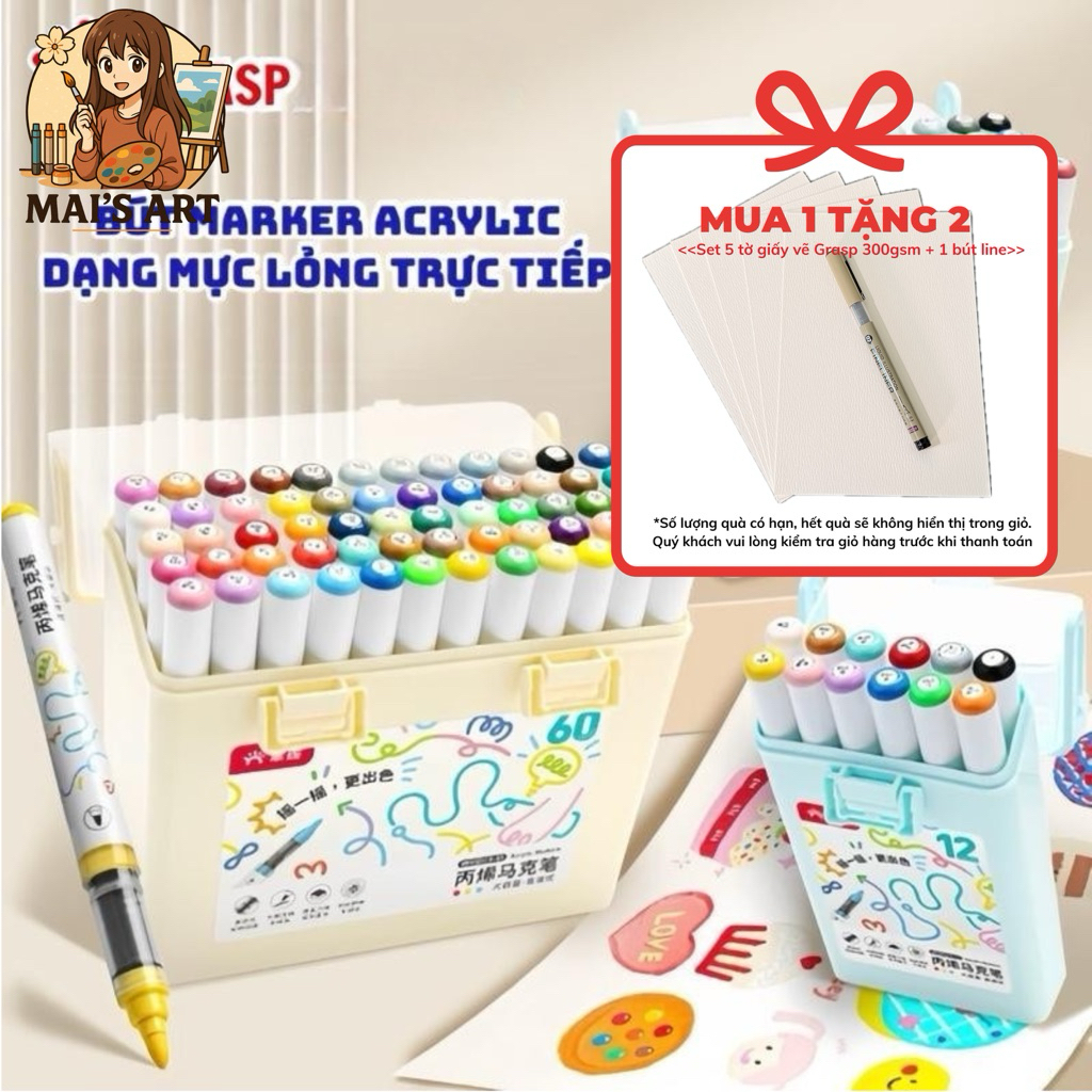[Mới] Bút Acrylic Marker Grasp 12/24/36/48/60 Màu – Bút Màu Cao Cấp Cho Học Sinh & Họa Sĩ, Vẽ Mọi Ch
