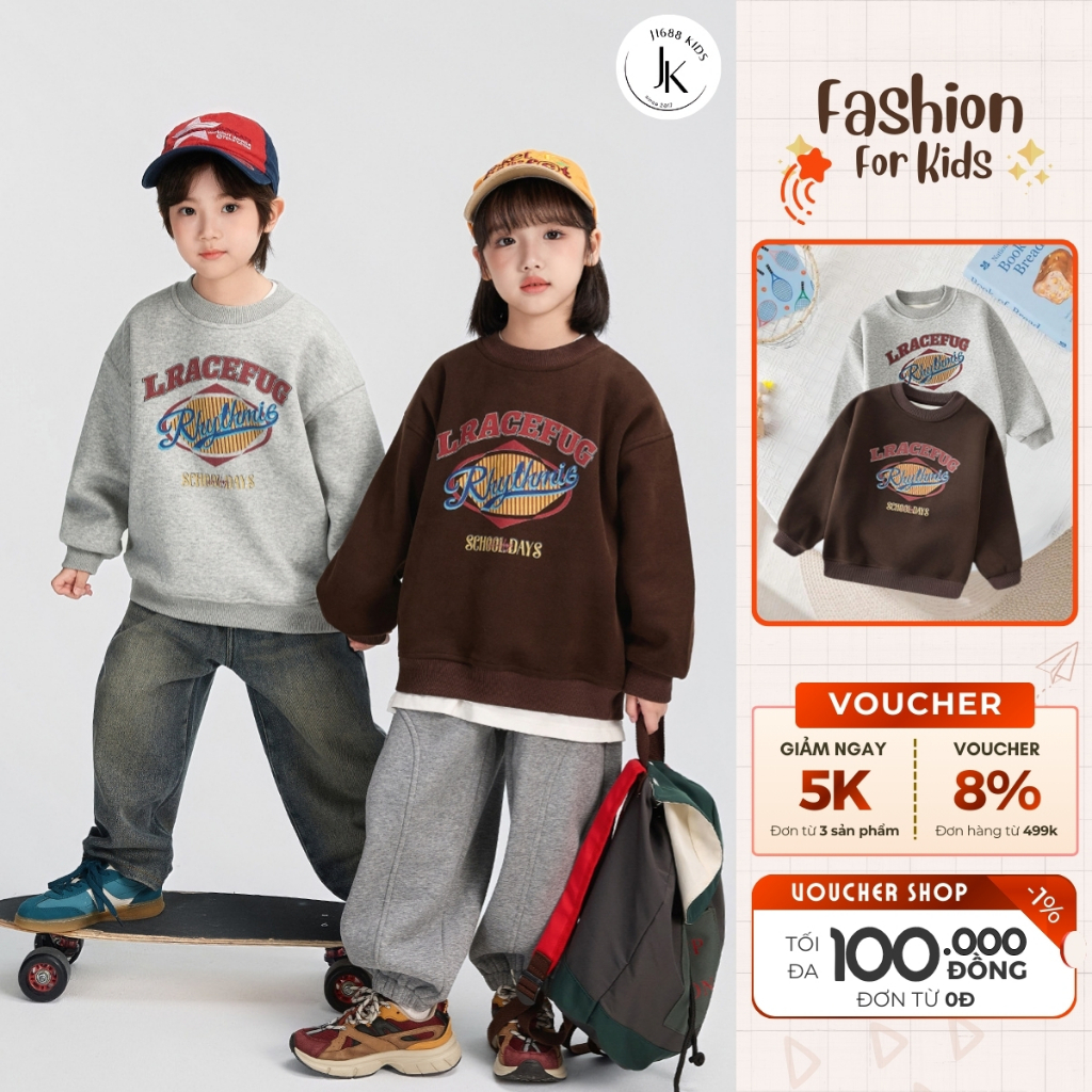 Áo nỉ dài tay cho bé (Tặng Dây Chuyền) vải dày dặn J1688 KIDS, Áo sweater trẻ em in họa tiết - M0058