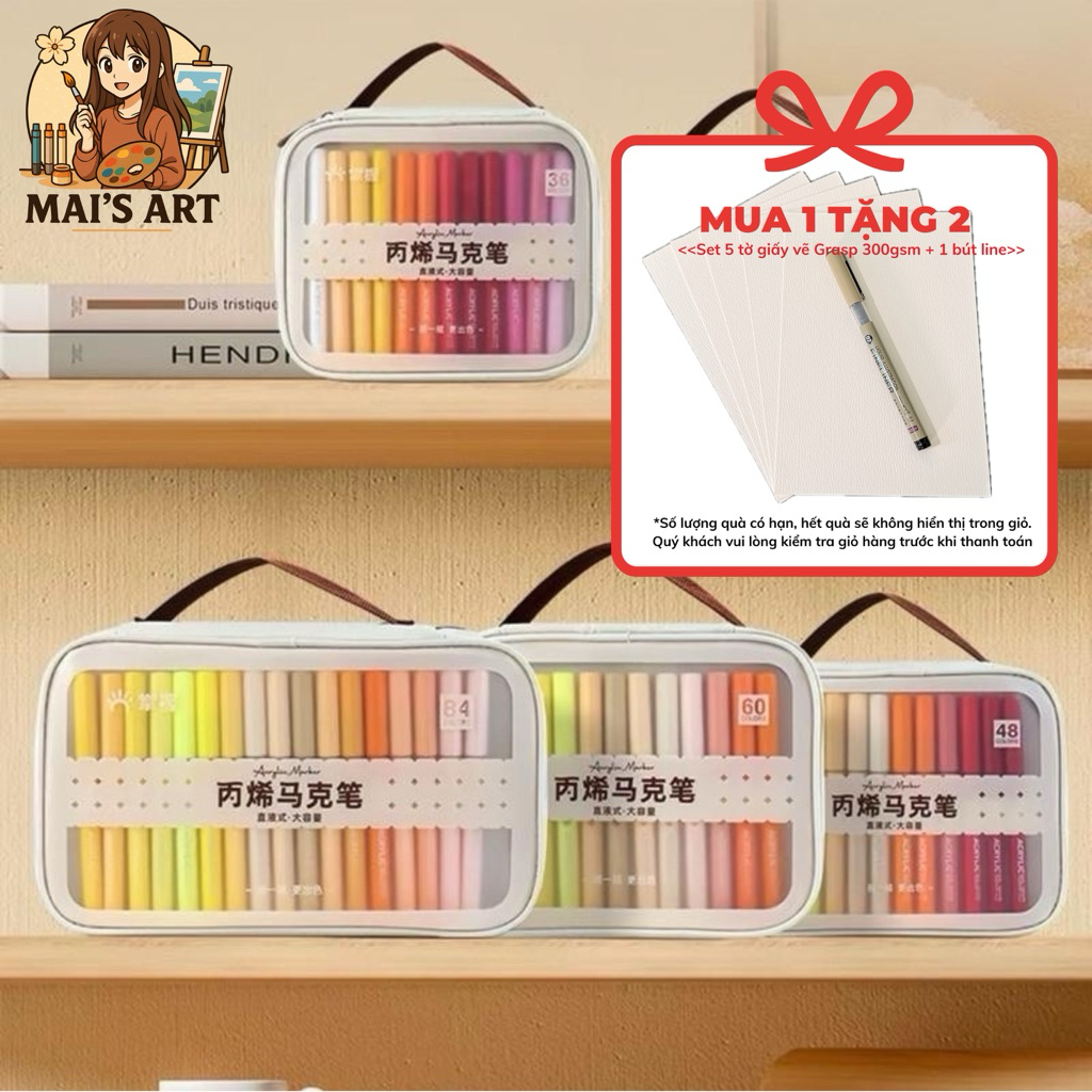 [Mới] Bút Acrylic Marker Grasp 24/36/48/60/84/120 Màu – Ngòi Brush Cao Cấp, Vẽ Mọi Chất Liệu, Không 