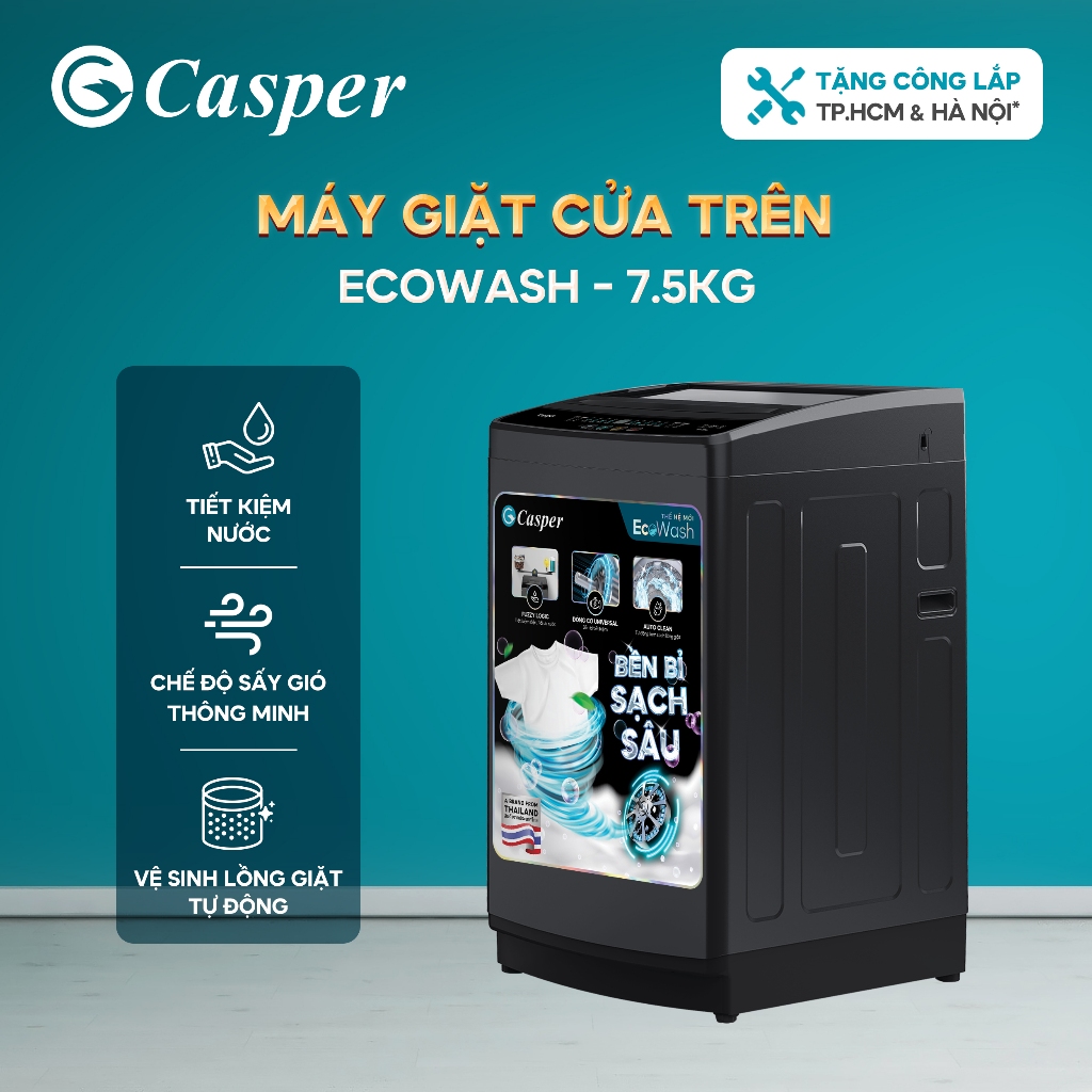 [Shopee - Lắp đặt 0Đ HN HCM] Máy giặt cửa trên Casper 7.5KG EcoWash WT-75NG1 - Bảo hành 2 năm - Chính hãng