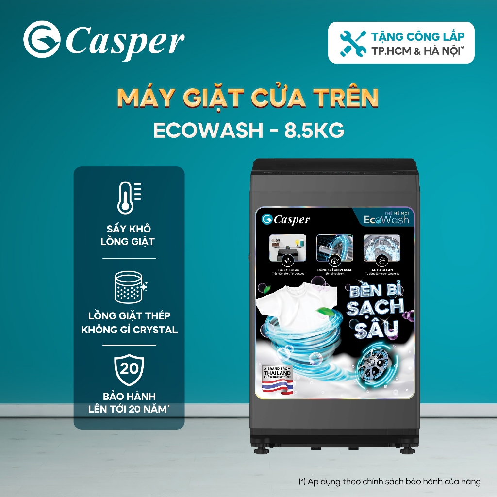 [Shopee - Lắp đặt 0Đ HN HCM] Máy giặt cửa trên Casper 7.5/8.5KG EcoWash WT-75NG1/WT-85NG1 - Chính hãng - Bảo hành 2 năm