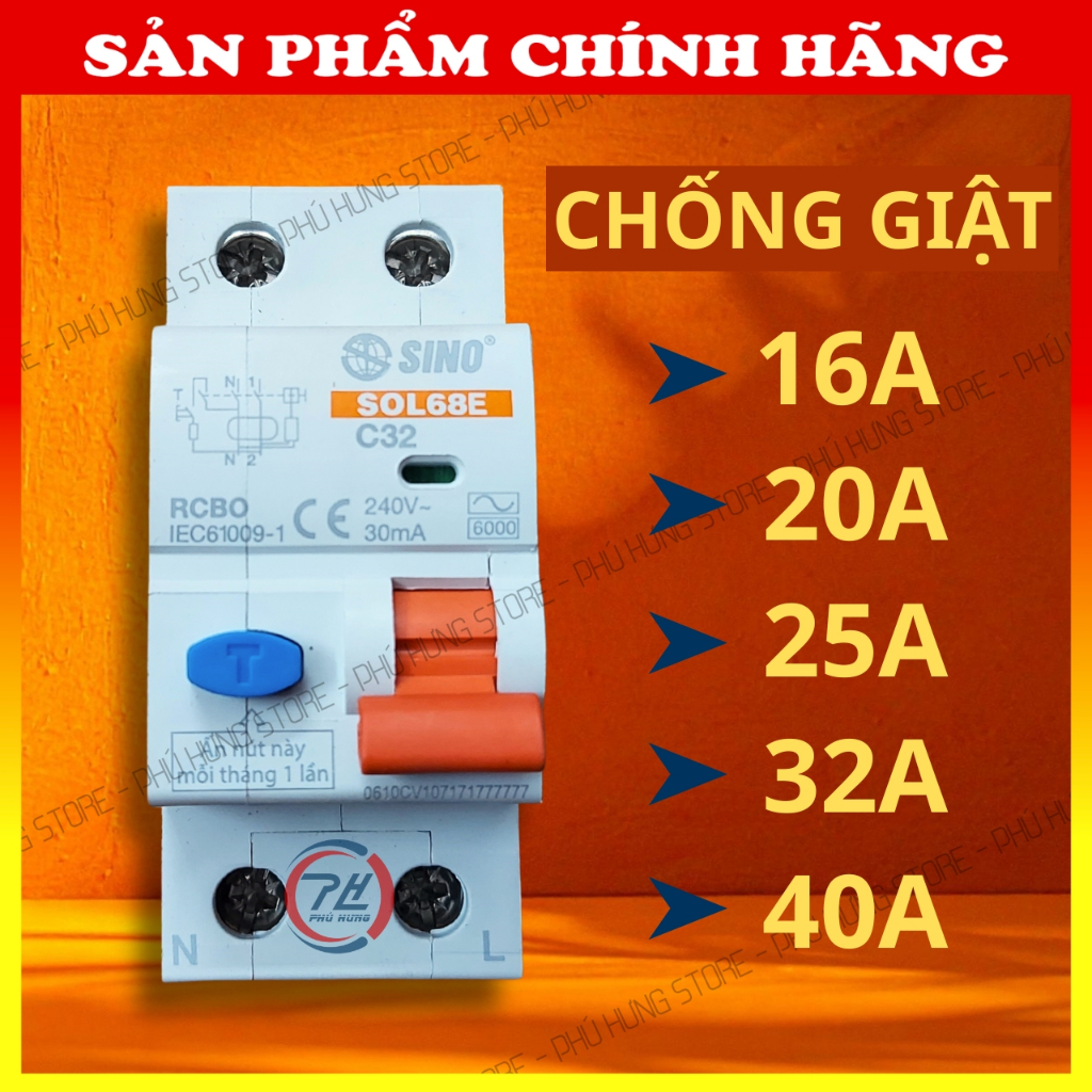 Át Chống Giật Sino Vanlock RCBO 16A 20A 25A 32A 40A | CB Chống Rò Chống Quá Tải 2P Chính Hãng