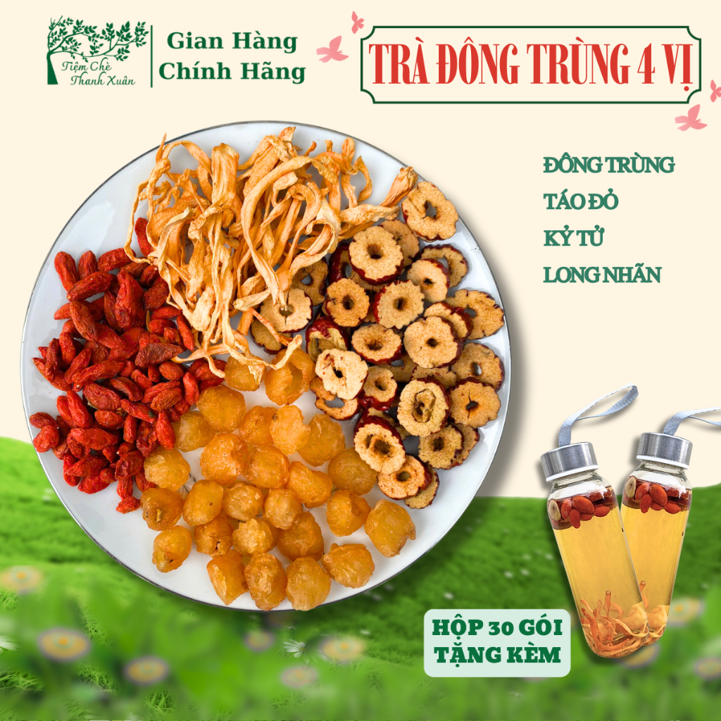 Trà Đông Trùng 4 vị, Trà Đông Trùng Hạ Thảo 4 Vị Thảo Mộc Thanh Xuân đẹp da, dễ ngủ, bồi bổ sức khỏe