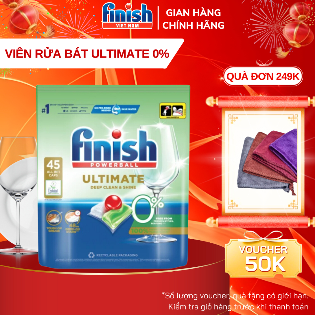 Viên rửa bát hữu cơ Finish Ultimate 0% túi 45/100 viên rửa chén cao cấp an toàn lành tính