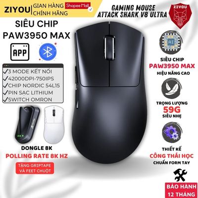 Chuột Không Dây Gaming Attack Shark V8 Ultra Chip Cảm Biến PAW3950Max, 42000DPI, Dongle 8K, Pin Sạc