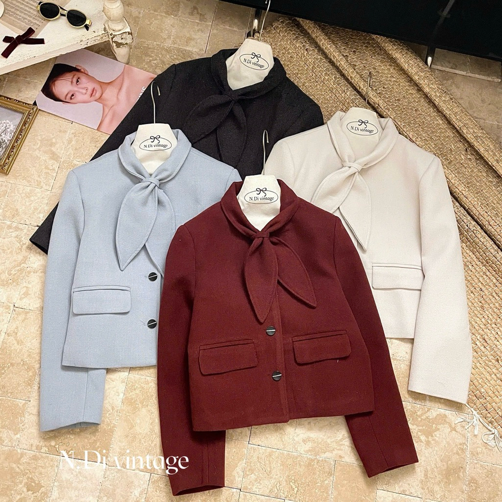 HYERI - Áo Khoác Dạ Cổ Nơ Cài Sally + Hàng QCCC 100%