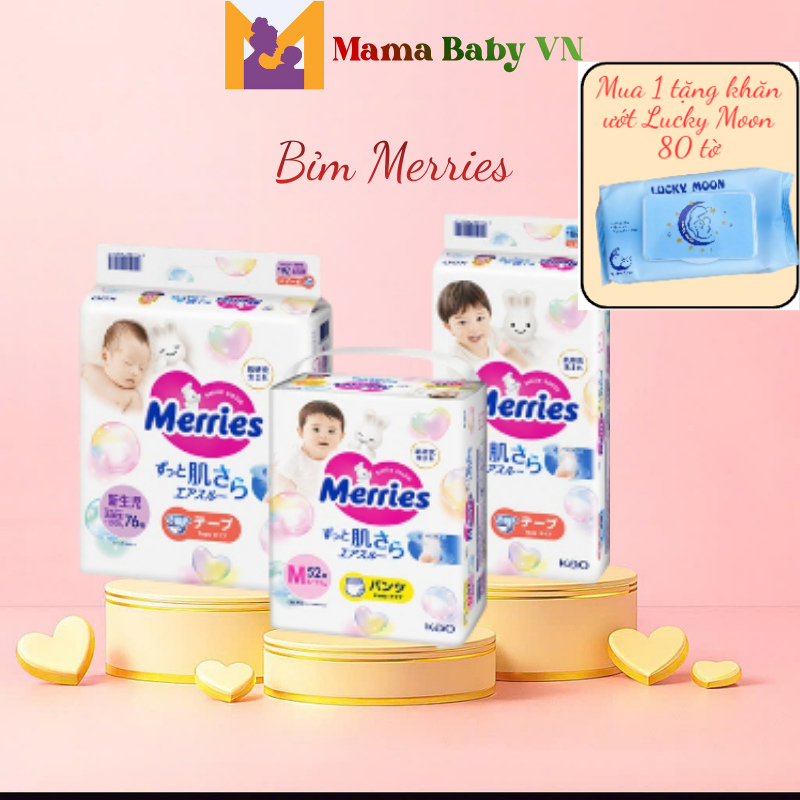 (QUÀ) (CỘNG MIẾNG)(TIÊU CHUẨN) Tã bỉm MERRIES  nội địa Nhật dán/quần NB72/S66/M54/L46/XL40/XXL26 Mama Baby VN