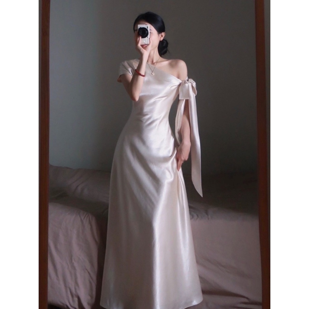 Đầm lụa đi tiệc dáng dài, Váy lụa dài dự tiệc sang chảnh thắt nơ trễ vai