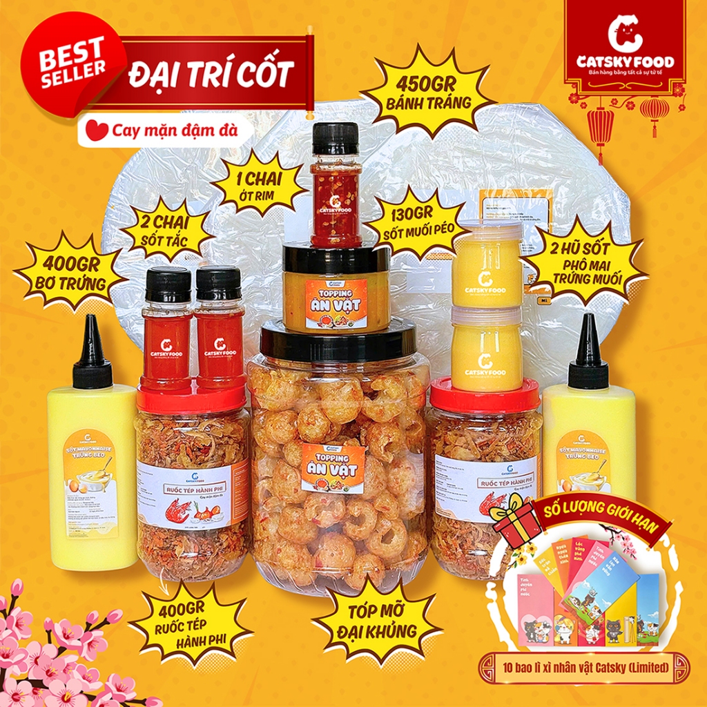Combo Đại Trí Cốt - Bánh tráng phơi sương Catsky Food xốt phô mai trứng muối tóp mỡ khủng đồ ăn vặt