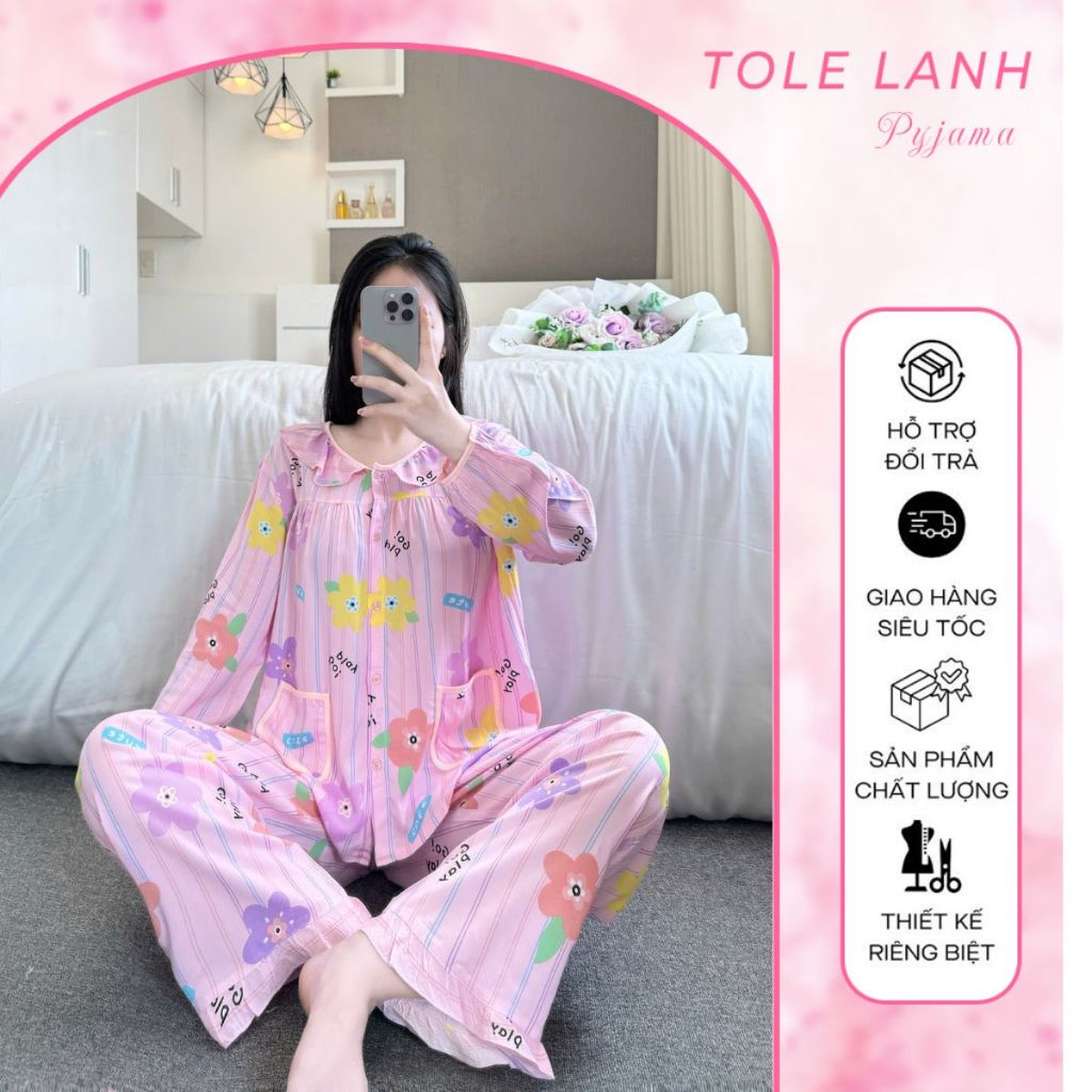 Đồ Bộ Tole Nữ Dài Tay Cổ Bèo 2 Túi  Tole Lanh,  Đồ Ngủ Nữ Tole Lanh Dài Chất Liệu Mềm Mát Siêu Hút M