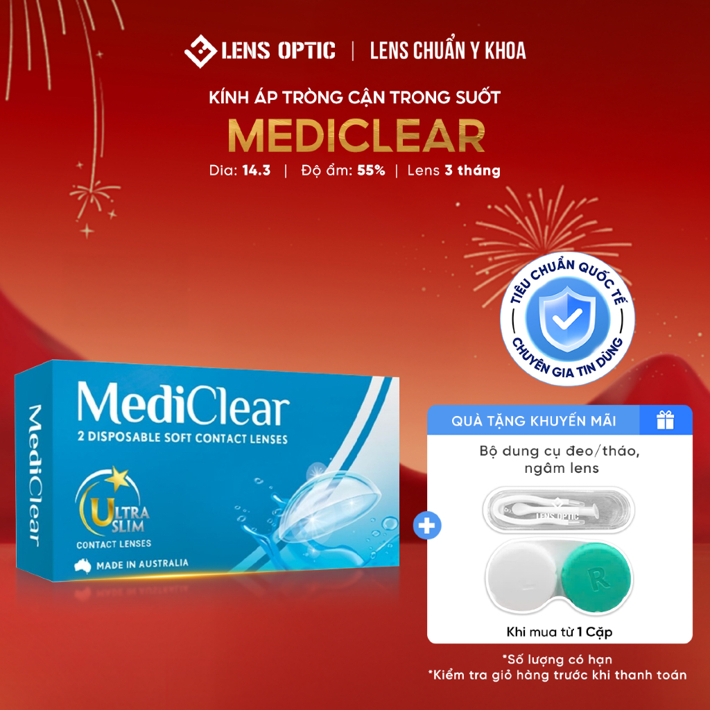 Kính áp tròng Mediclear - Úc trong suốt dùng 3 tháng, lens trong suốt cận thị chính hãng -Lens Optic
