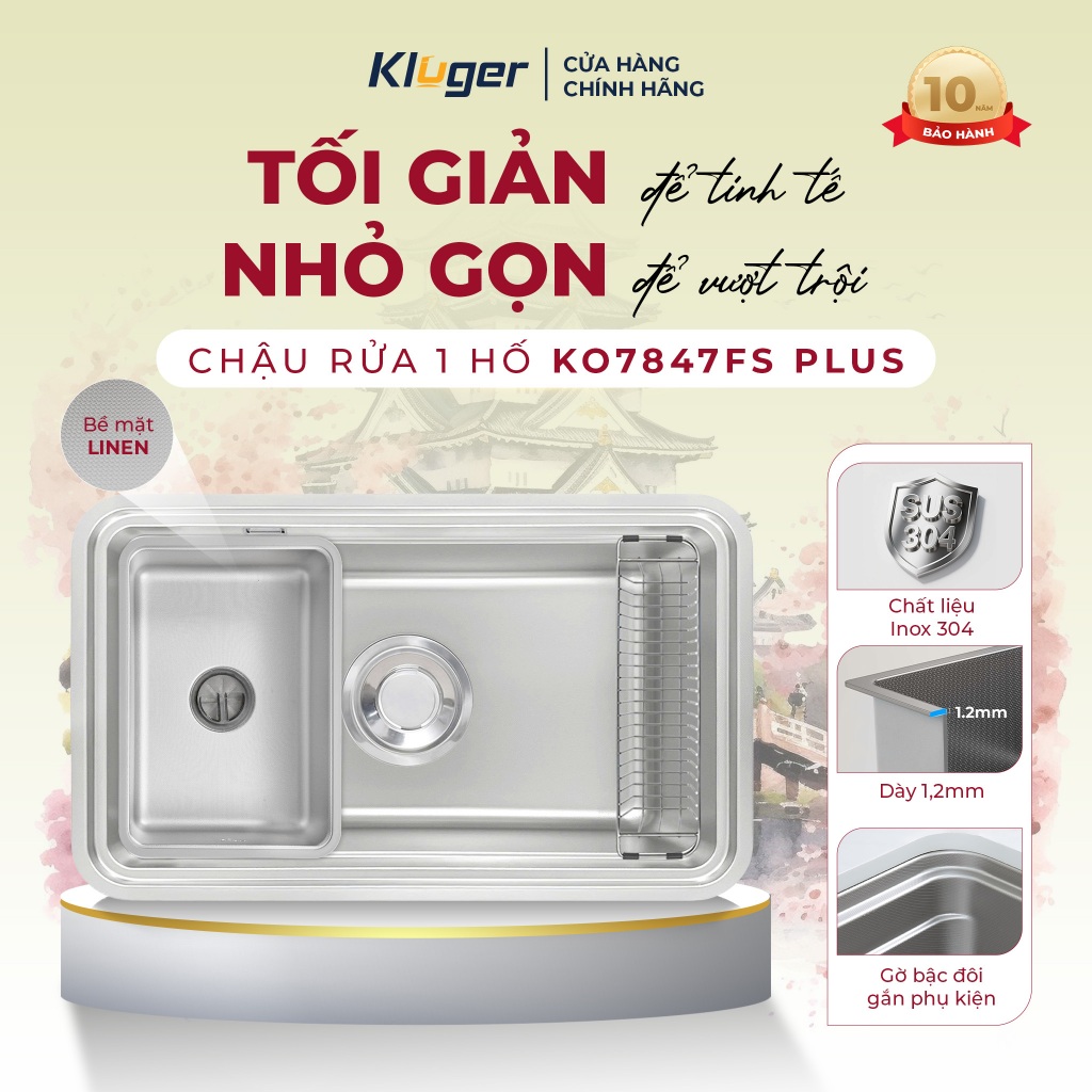 Chậu rửa bát Kluger KO7847FS Plus thiết kế phong cách Nhật, bề mặt LINEN dễ vệ sinh