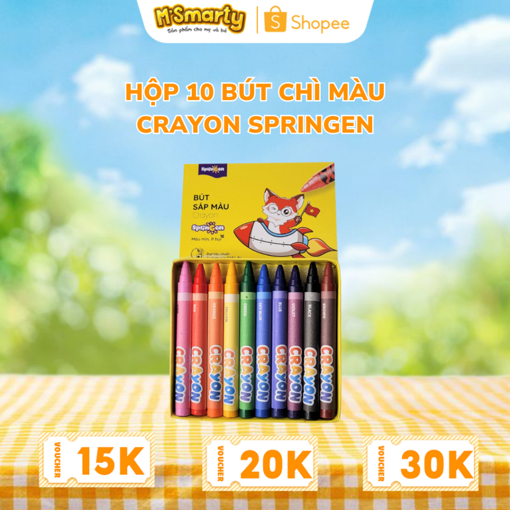 Hộp 10 Bút Chì Màu Crayon Springen màu mịn, ít bụi, an toàn cho trẻ em đạt tiêu chuẩn Châu Âu