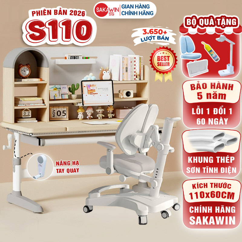 (Bản Cải Tiến) Bộ bàn học chống gù Sakawin S110 Bàn học cho bé tiểu học Điều chỉnh chiều cao bằng ta