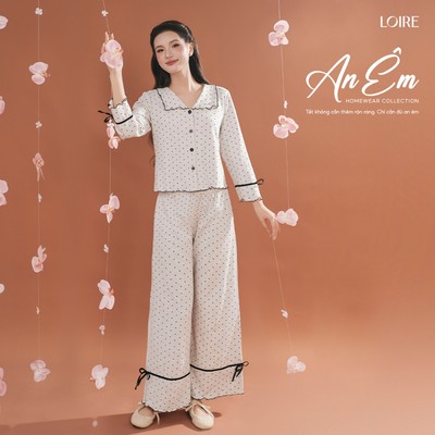 [AN ÊM]Bộ Mặc Nhà Vân An Loire FDMN250336 Thu Đông Cotton Dài Tay Dáng Suông Chấm Bi