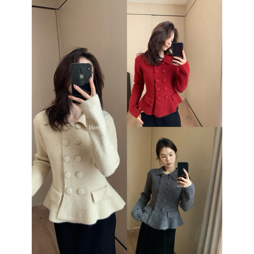 𝐢𝐦𝐜𝐡𝐢𝐜.𝟐𝟐𝐬 | Áo Len Dáng Peplum Ánh Nhũ Nút Bọc HERS Tag French Door Phong Cách Hàn Quốc Thời Trang 