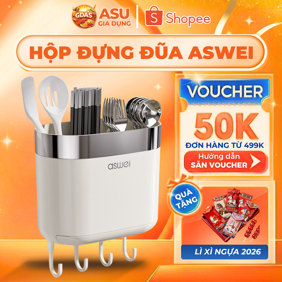 Kệ Đựng Thìa Đũa Treo Tường Aswei Nhựa ABS Cao Cấp, Ống Đựng Đũa Muỗng Có Khay Hứng Nước Tiện Dụng