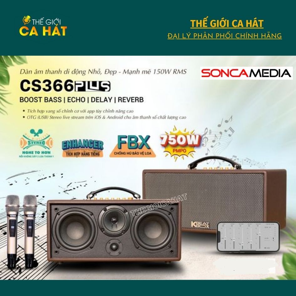 Dàn âm thanh di động 150W CS366Plus /CS450 PRO kèm Micro - Loa Karaoke thông minh ACNOS Soncamedia