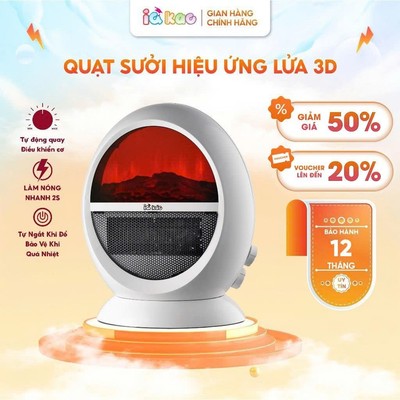 Quạt Sưởi Gốm IQKAO 2000W Hiệu Ứng Lửa 3D  Máy Sưởi Decor Xoay Đảo Chiều, An Toàn, Không Khô Da