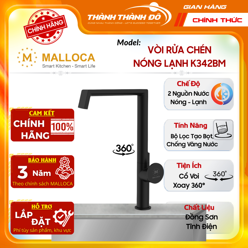 [CHÍNH HÃNG] Vòi rửa chén Malloca K342BM - 2 nguồn nóng lạnh -