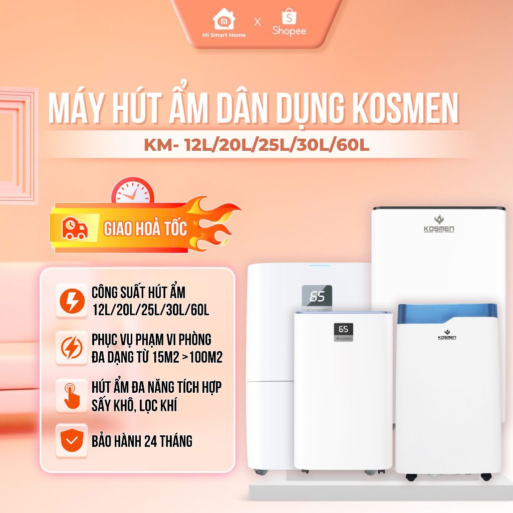 Máy Hút Ẩm Dân Dụng Kosmen KM- 12L/20L/25L/30L/60L/Ngày, Vận Hành Êm Ái, Có Wifi & Sấy Quần Áo - Bảo