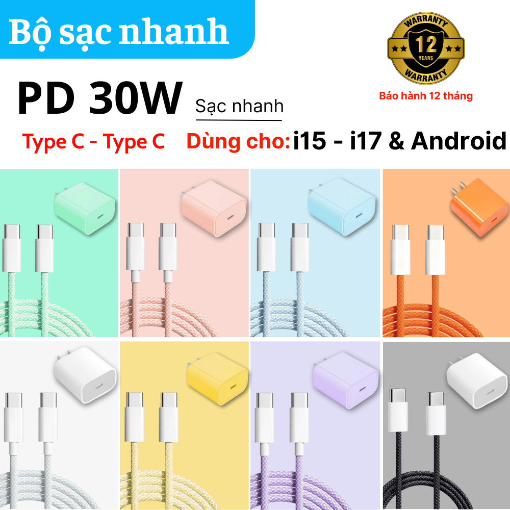 Bộ sạc nhanh Type C to Type C - Dây sạc 7 màu Củ Sạc PD30W - Chống gãy đứt An toàn Dùng cho các dòng i14-i17 & Android