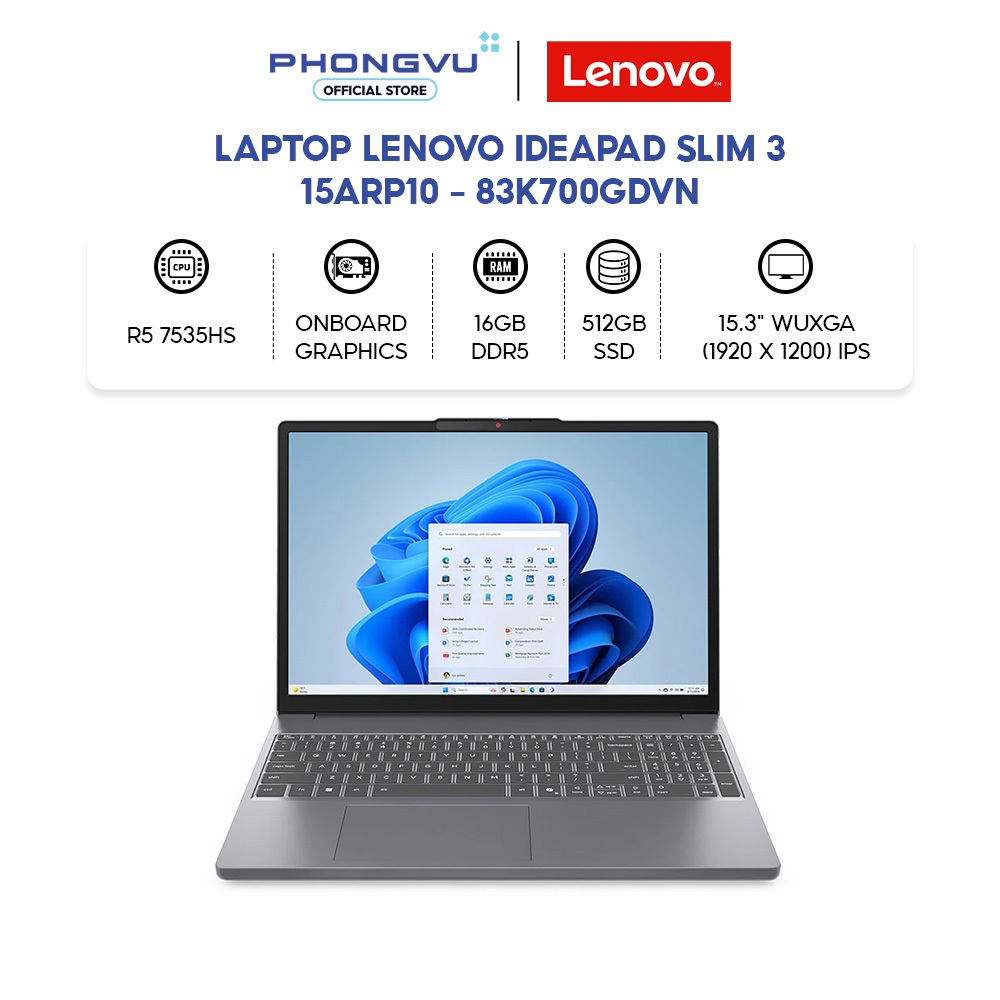 Laptop Lenovo IdeaPad Slim 3 15ARP10 - 83K700GDVN (R5 7535HS/ 16GB/ 512GB/ Windows 11), Bảo Hành 36T