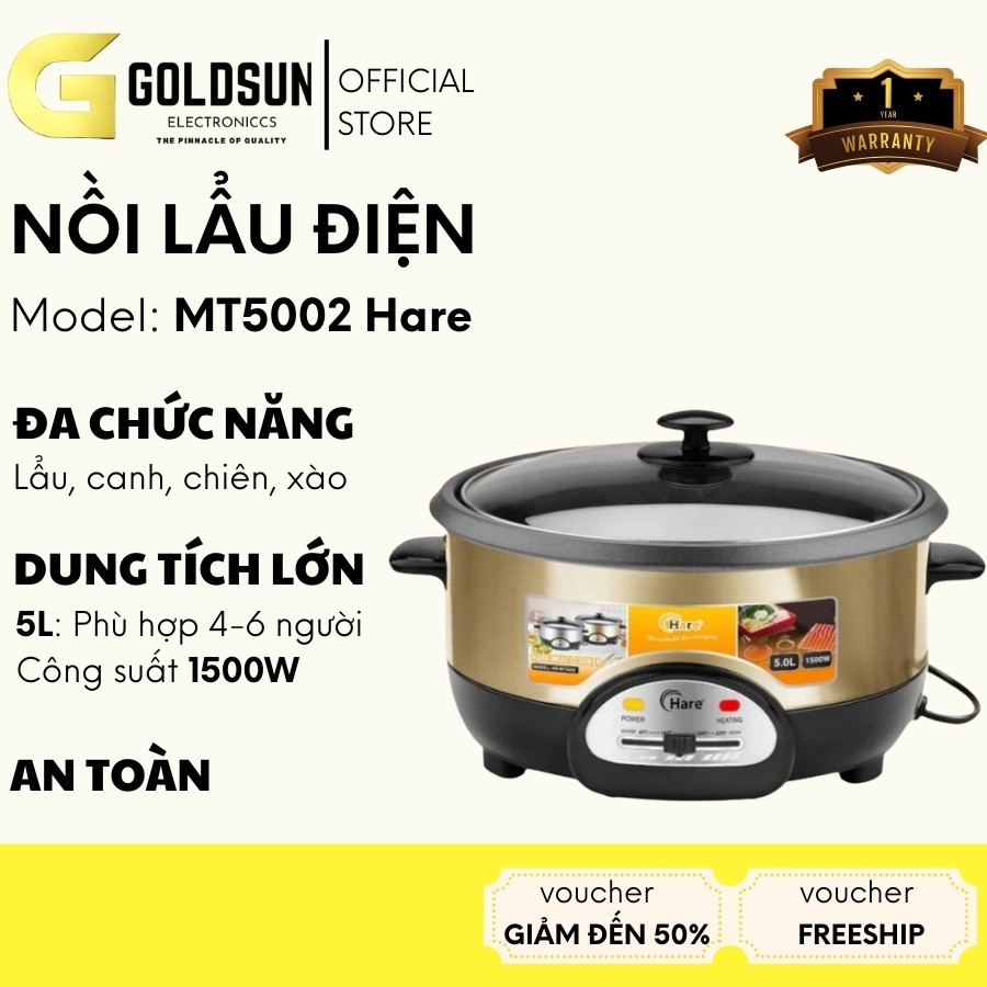 Nồi lẩu đa năng Hare HR-MT5002 dung tích 5L công suất 1500W lòng chống dính tháo rời, an toàn
