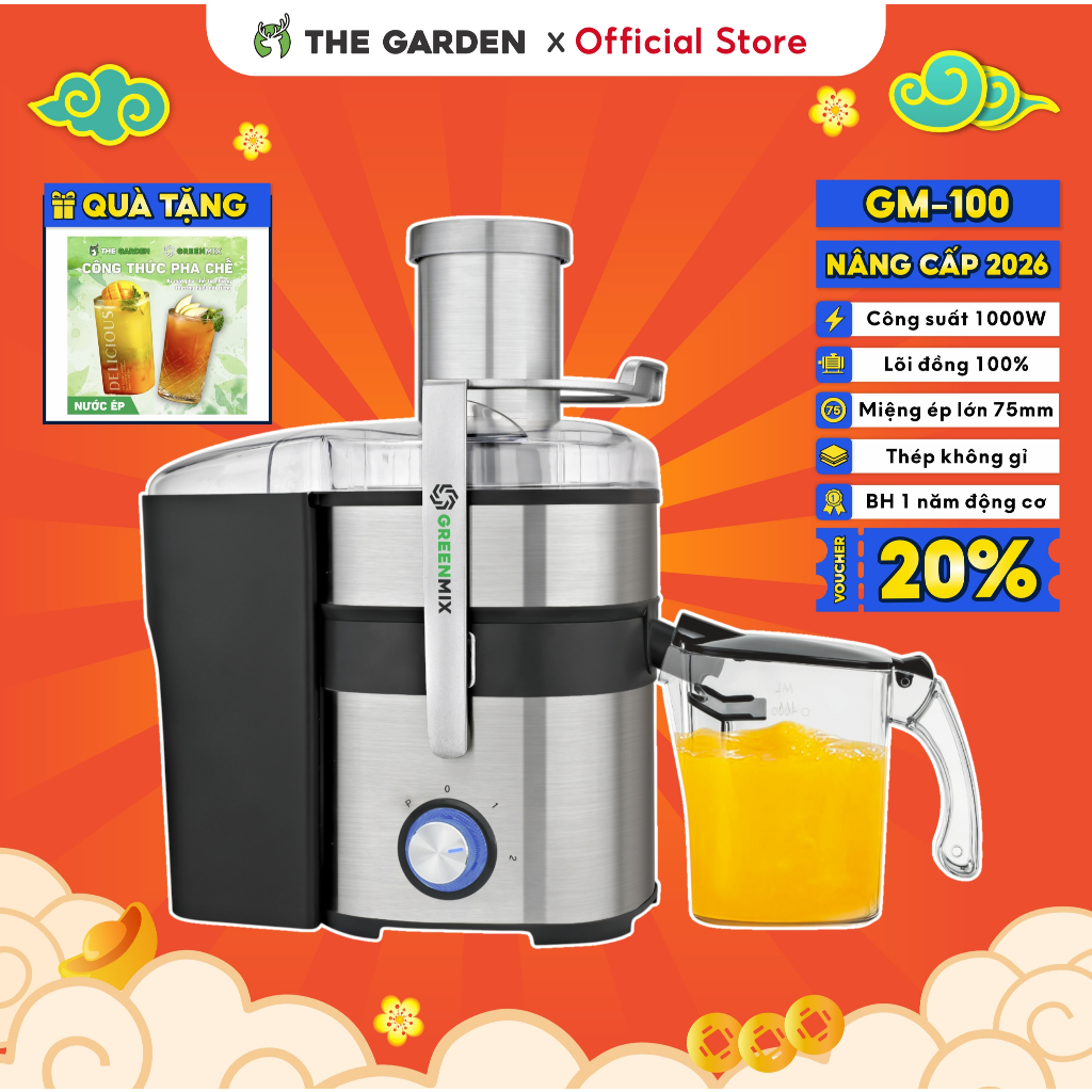 Máy ép nhanh trái cây, hoa quả công nghiệp GREENMIX GM-100 công suất 1000W, miệng ép 75mm