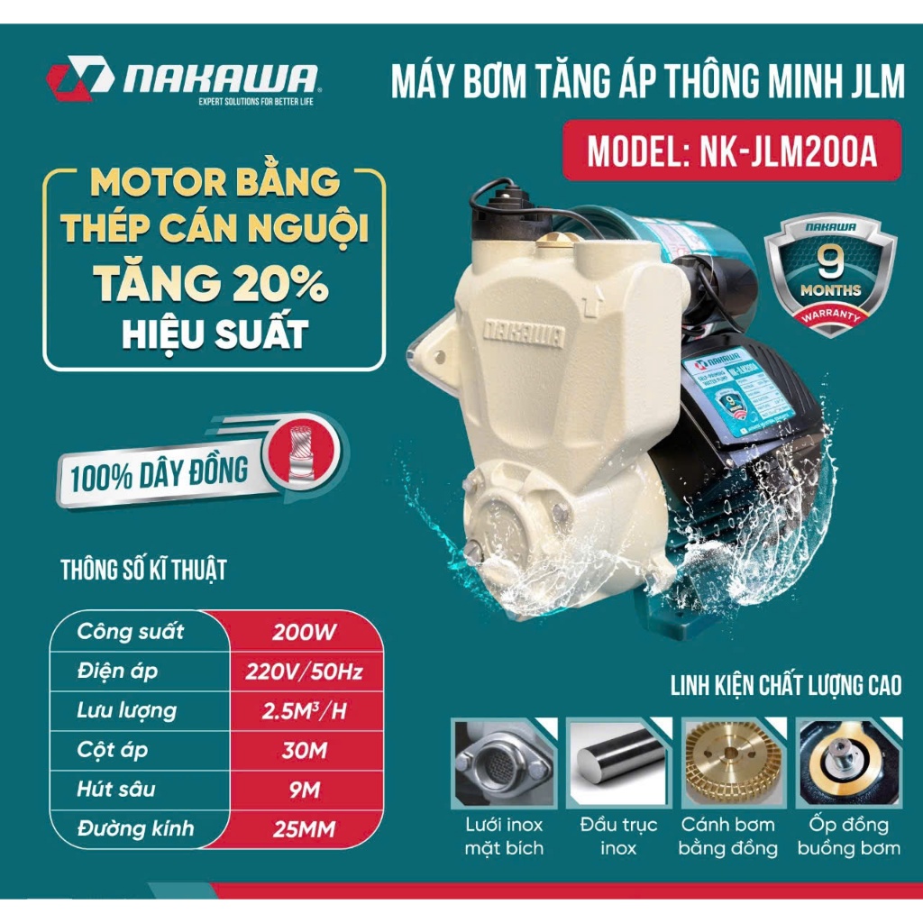 Máy Bơm Nước Tăng Áp Tự Động Nakawa 200W JLM-200A
