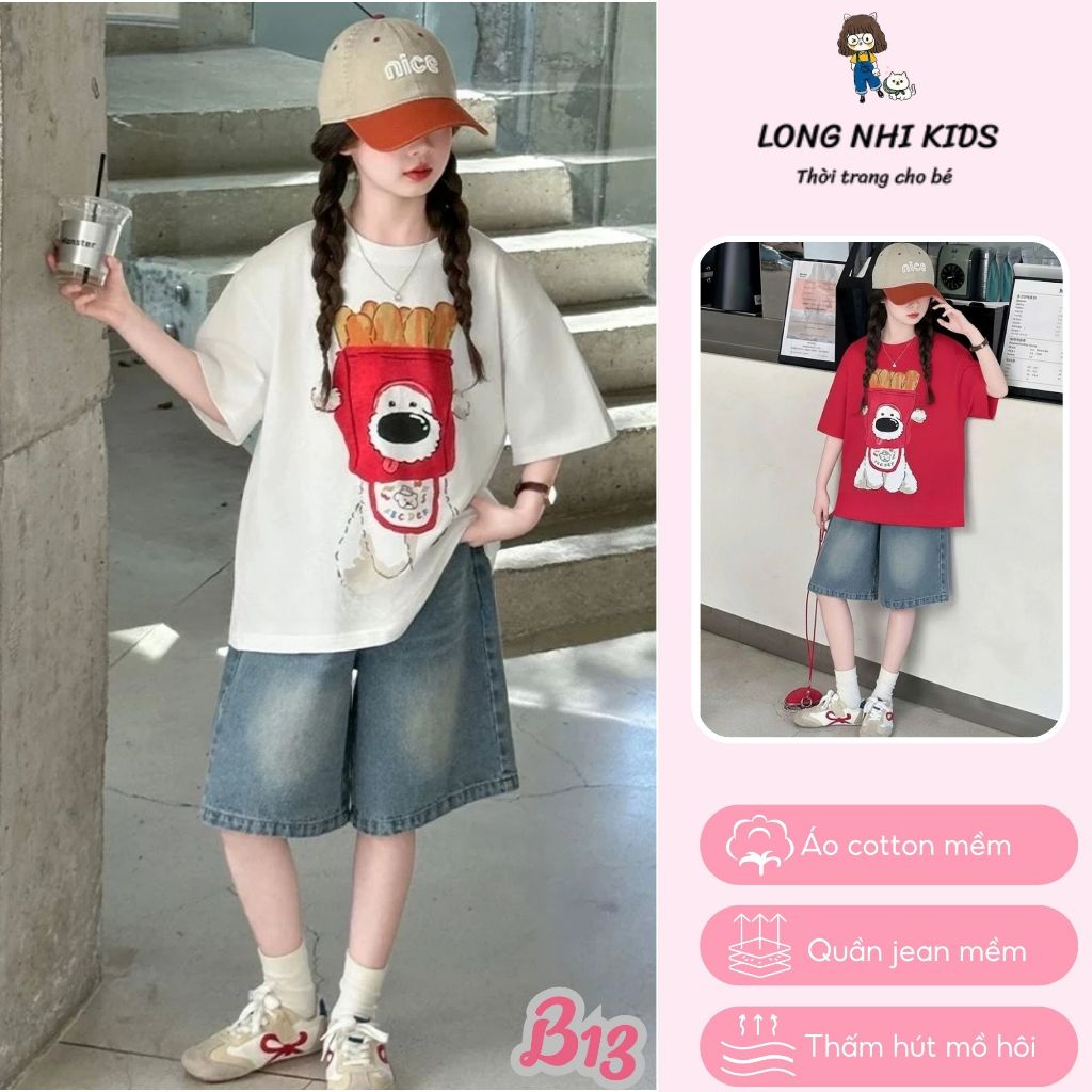 {Long Nhi Kidss} Set Đồ Bé Gái From Rộng - Áo Phông Hình Cún Đội Mũ Bánh Mỳ+Quần Jean Ngố Trơn Chất Mềm Đẹp {15-45kg}B13