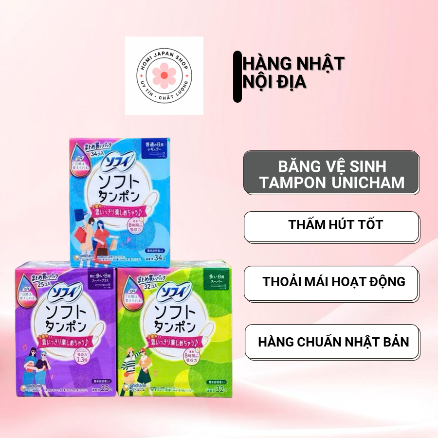 Soft Tampon Unicharm Nhật Bản - Băng Vệ Sinh Tampon Siêu Thấm Hút Khô Thoáng Dịu Nhẹ Siêu Sạch Que Đ