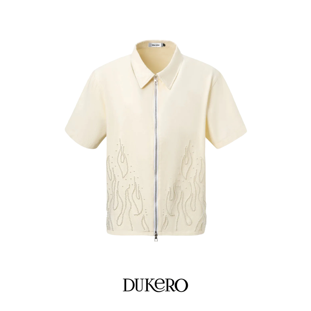 Áo sơ mi nam tay ngắn khoá zip Dukero vải denim beigie đính đá form rộng thanh lịch