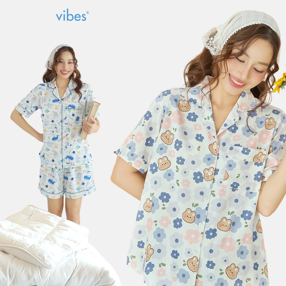 VIBES Đồ bộ mặc nhà nữ Pijama ngắn lụa mango nhiều họa tiết, chất liệu mát nhẹ, không nhăn nhàu.