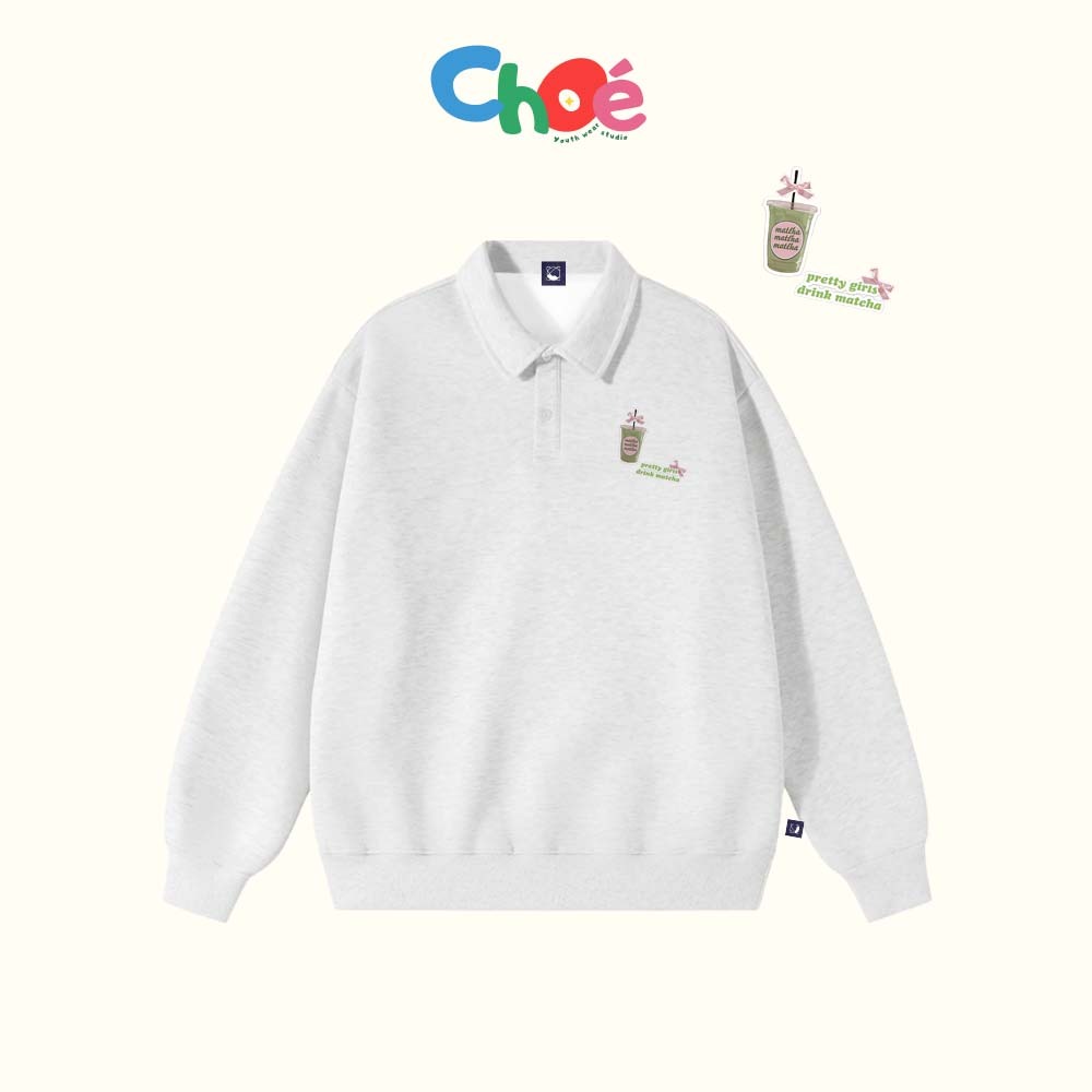 Áo Nỉ 2 Da Polo Cổ Bẻ Dáng Xuông Form Rộng By Choé Studio In Hình Cốc Matcha Xinh Xắn - BST28 Unisex
