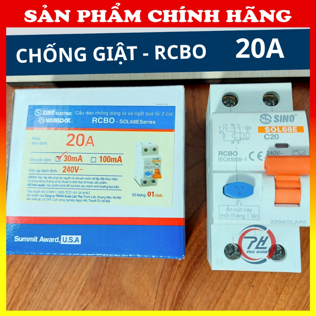 Át Chống Giật RCBO Sino Vanlock 20A 2P | Aptomat Chống Rò Chống Quá Tải Chính Hãng