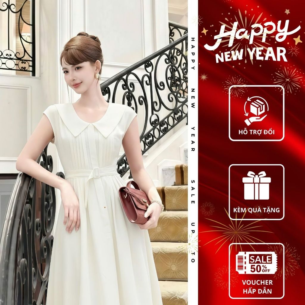 Đầm tiểu thư cổ tròn chân váy xếp li dáng dài Emili Lux phong cách Hàn Quốc đi tiệc, công sở [V530]
