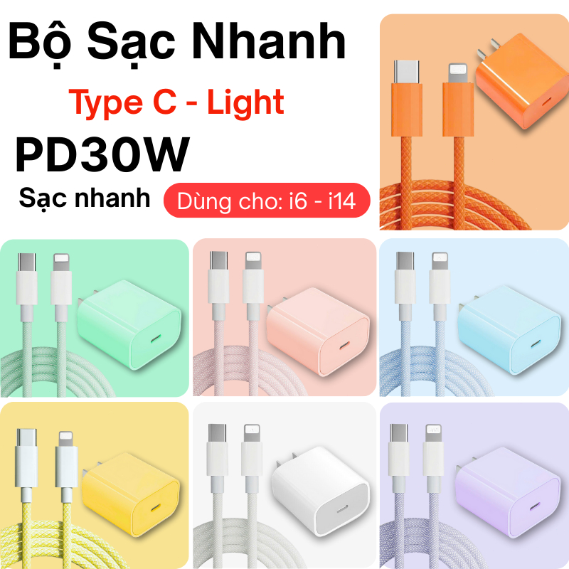 Bộ sạc nhanh (Củ sạc nhanh PD30W + Dây sạc nhanh 1m) - Sạc ở nhiệt độ thấp Dây bện 2 màu chống đứt -Dùng cho dòng i6-i14