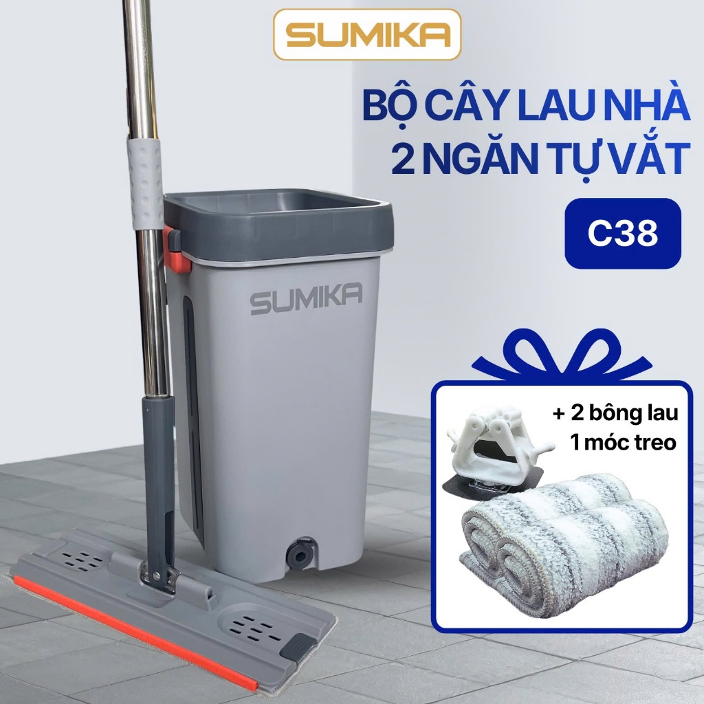 Bộ cây lau nhà SUMIKA C38, thùng lau nhà 2 ngăn tự vắt thông minh, chổi lau nhà 360 độ, 2 bông lau
