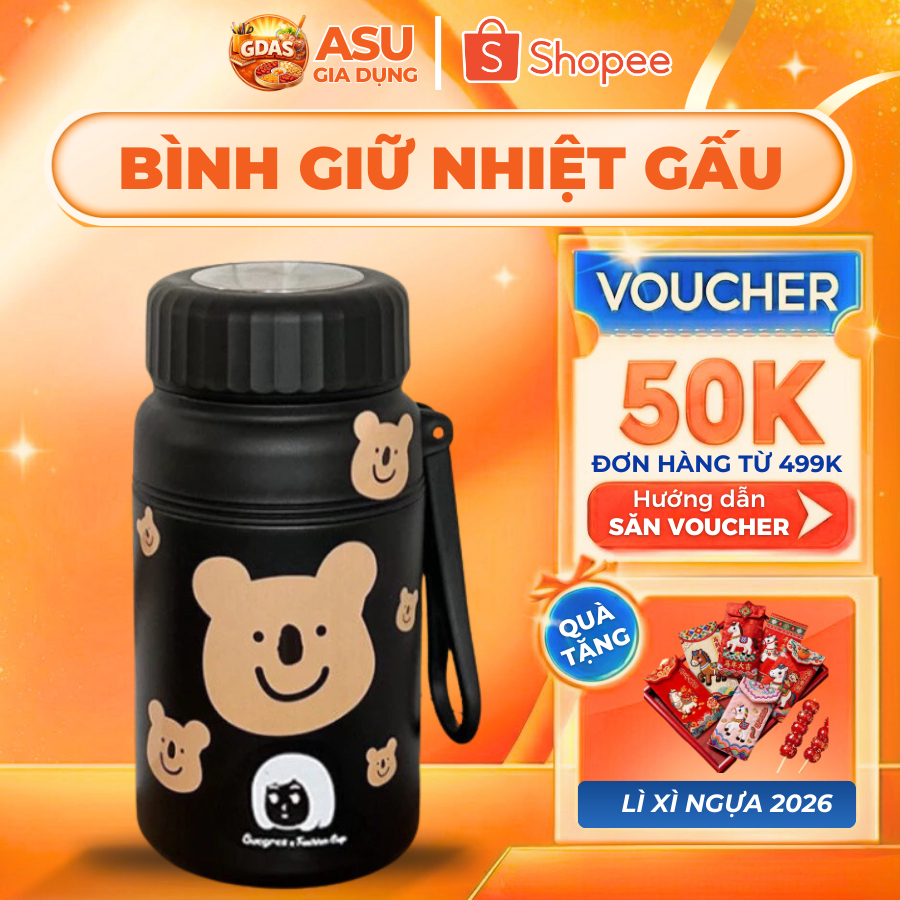Bình Giữ Nhiệt Họa Tiết Gấu 1000ML Inox 316, Giữ Nước Lạnh Và Nóng, Ly Giữ Nhiệt Inox 304 Chất Lượng