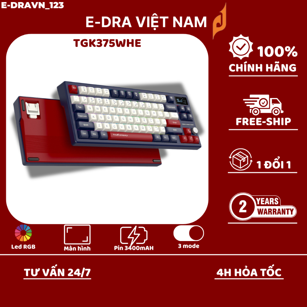 Bàn phím cơ ThunderBird TGK375WHE, LED RGB, 3 mode, Pin 3400mAh, màn hình hiển thị.[Bh chính hãng] | BigBuy360 - bigbuy360.vn