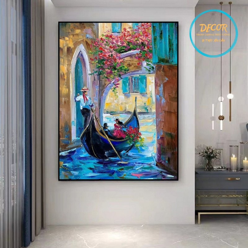 Tranh Canvas Phong Cảnh Châu Âu Thuyền Gondola Venice Lãng Mạn Treo Tường Decor Phòng Khách.
