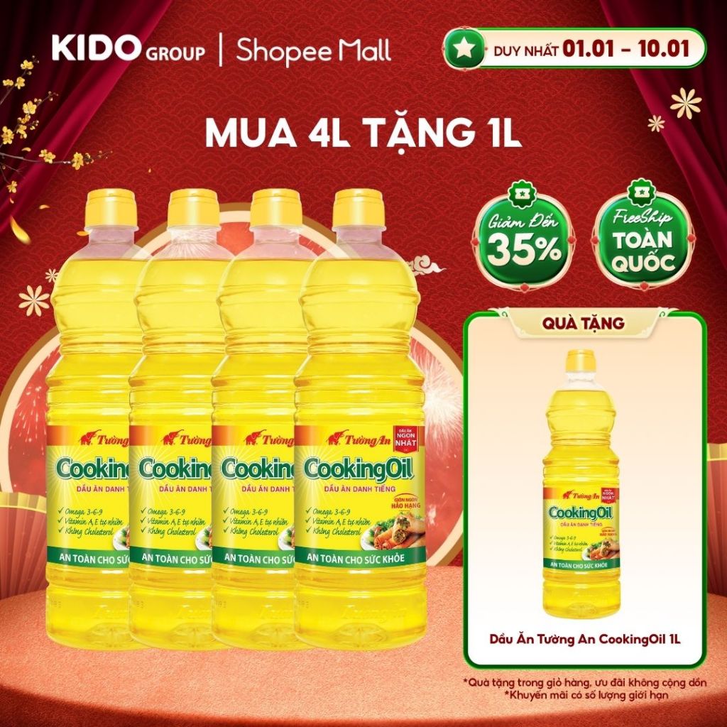 [TẶNG 1 CHAI 1L] Combo 4 chai Dầu Ăn Tường An CookingOil 1L