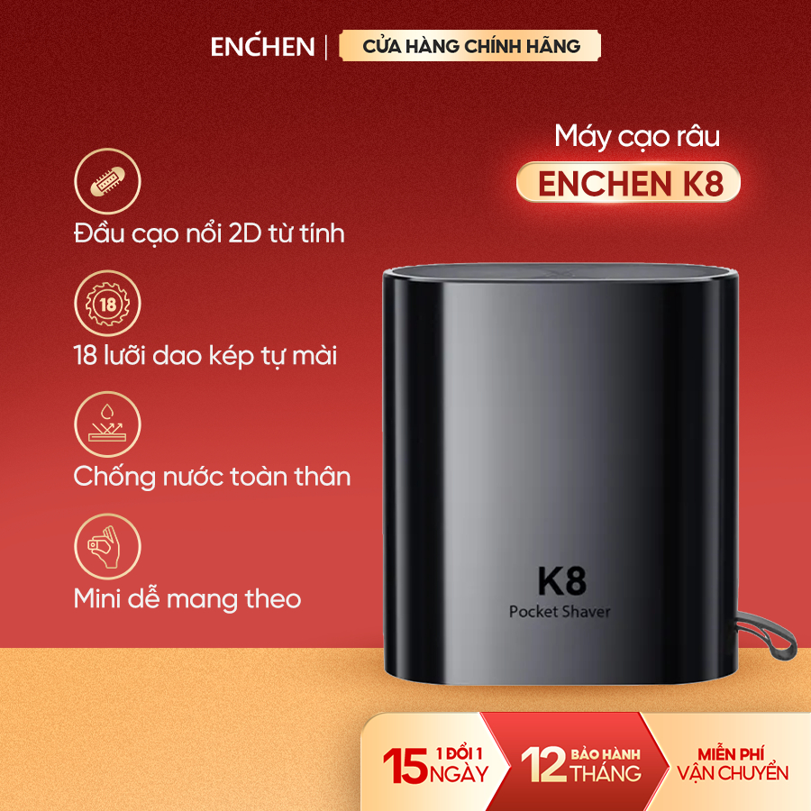 Máy cạo râu Enchen K8 đầu cạo 2D chống nước, 18 lưỡi dao tự mài, pin dùng đến 60 ngày - BH 12 tháng